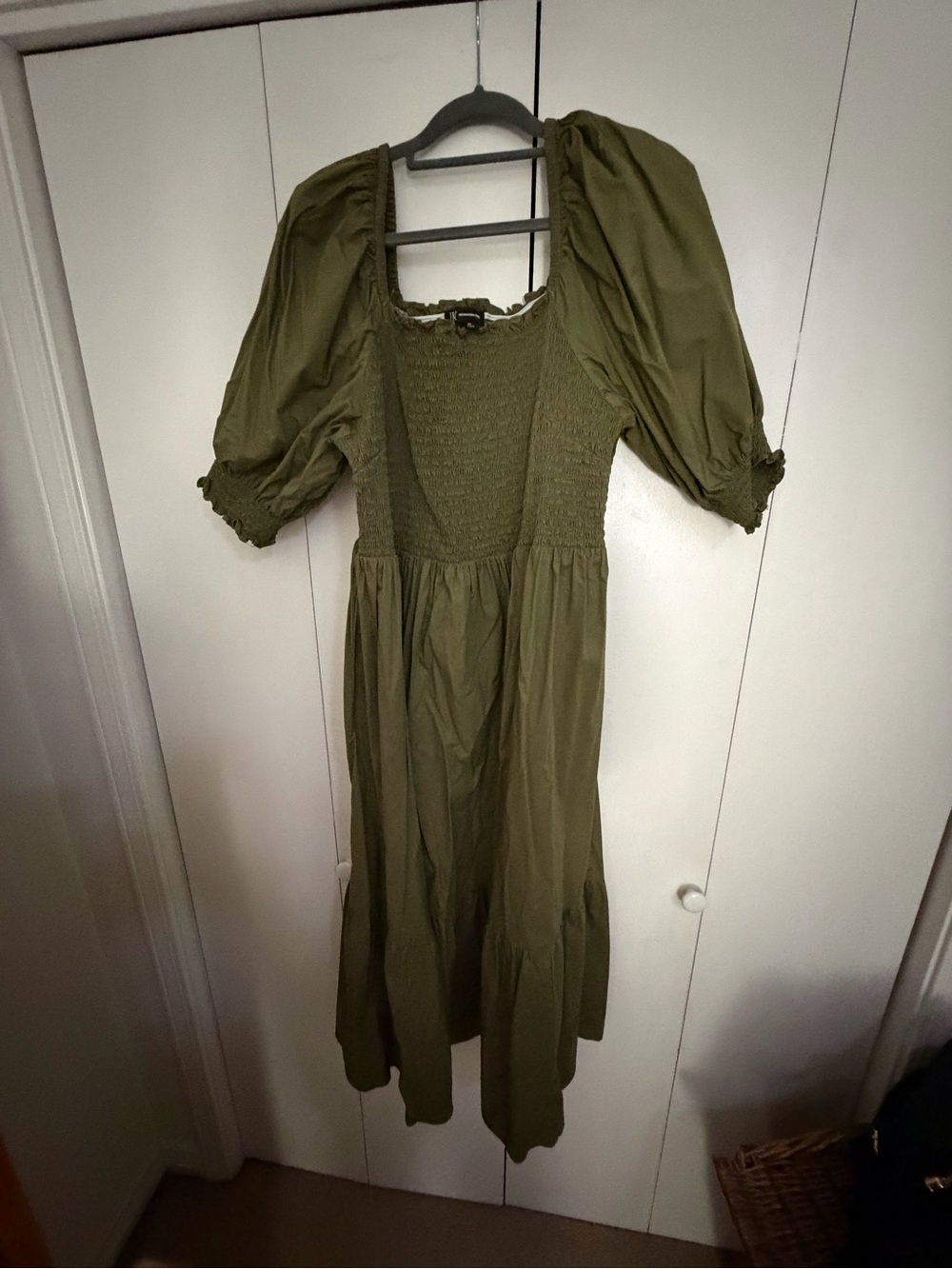 INC International Concepts Olive Puff-Sleeve Smocked Maxi Dress